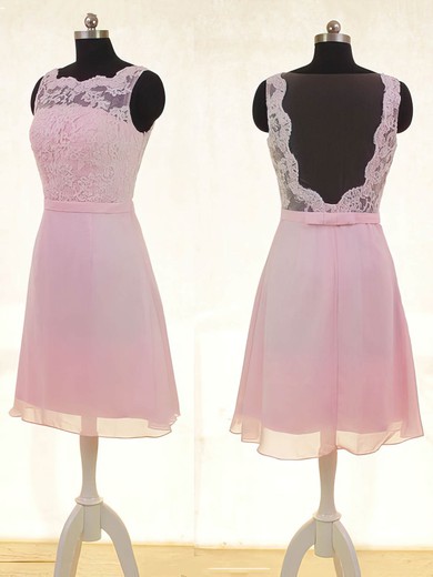 Sheath/Column Short/Mini Lace Chiffon Bow Square Neckline Bridesmaid Dresses #PWD02017878
