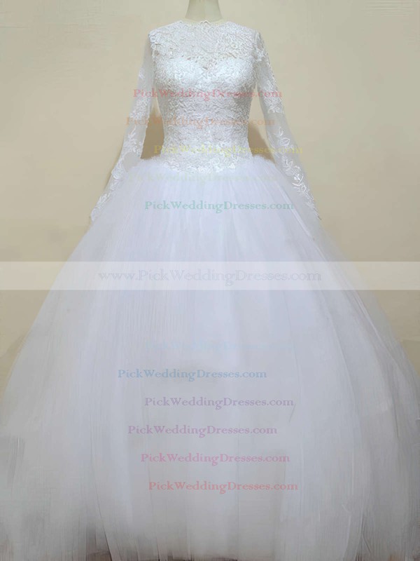 Boutique Ball Gown Ivory Chapel Train Tulle Lace Beading Long Sleeve Wedding Dress #PWD00021194