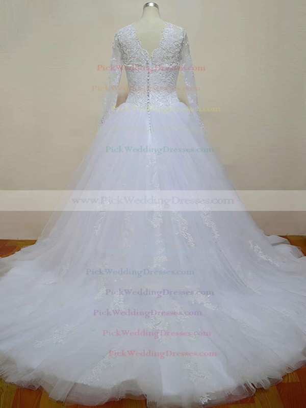 Boutique Ball Gown Ivory Chapel Train Tulle Lace Beading Long Sleeve Wedding Dress #PWD00021194