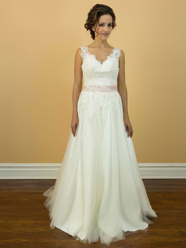 Modest V-neck Appliques Lace and Court Train Straps Ivory Tulle Wedding Dress #PWD00021200