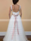 Modest V-neck Appliques Lace and Court Train Straps Ivory Tulle Wedding Dress #PWD00021200
