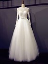 Designer Princess Scoop Neck Ivory Tulle Appliques Lace Long Sleeve Wedding Dresses #PWD00021203