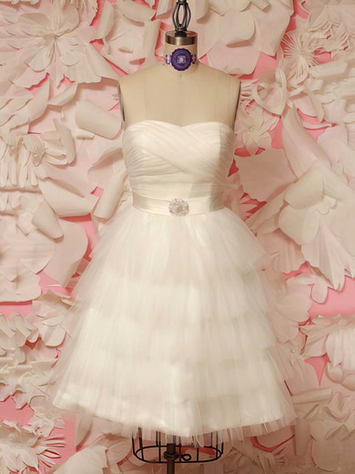 Ivory Tulle Sashes / Ribbons Sweetheart Lace-up Short/Mini Wedding Dresses #PWD00021212