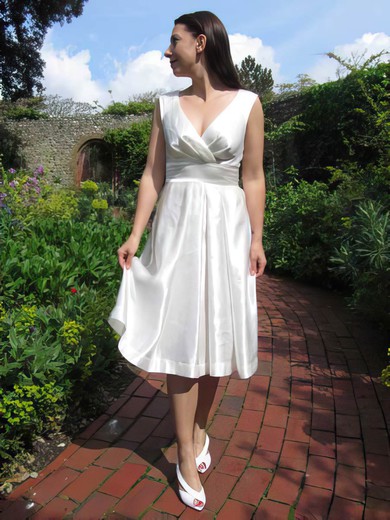Tea-length Ivory V-neck Elastic Woven Satin Ruffles Cheap Wedding Dresses #PWD00021218