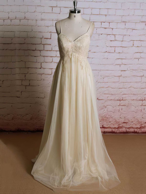 Champagne Tulle with Appliques Lace V-neck Straps Popular Empire Wedding Dress #PWD00021223