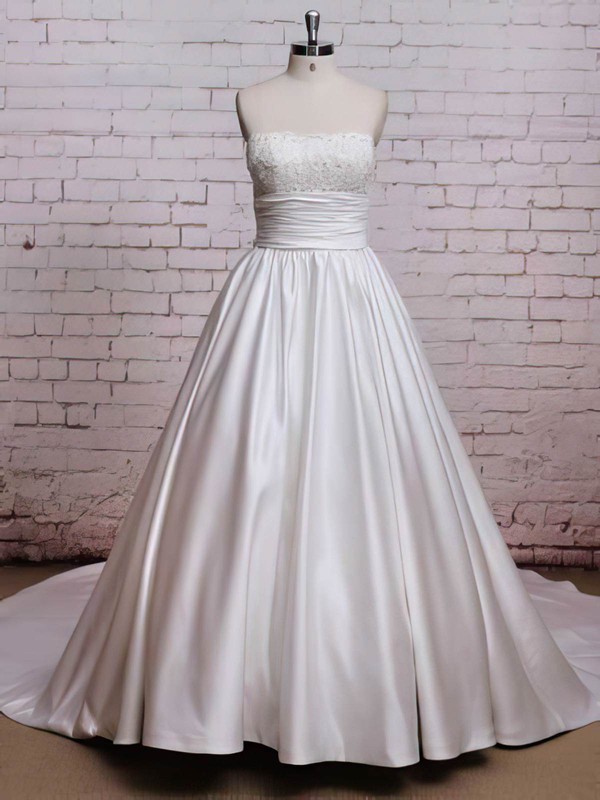 Strapless Satin Stunning Chapel Train with Bow Wedding Dresses #PWD00021224