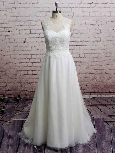 Discounted Appliques Lace Princess Scoop Neck Tulle Wedding Dresses #PWD00021228
