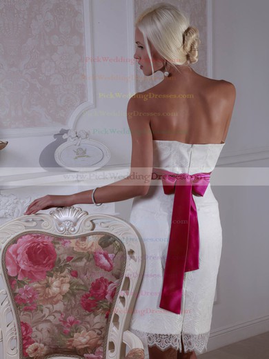 Classic White Sashes/Ribbons Lace Sheath/Column Knee-length Wedding Dress #PWD00021364