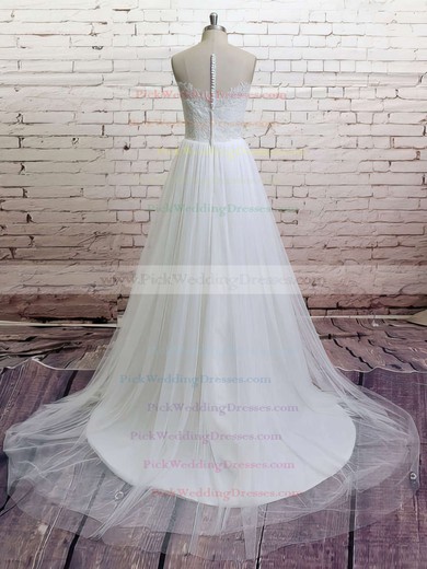 White Tulle Ball Gown Appliques Lace V-neck Sweep Train Wedding Dresses #PWD00021372