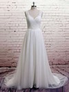 White Tulle Ball Gown Appliques Lace V-neck Sweep Train Wedding Dresses #PWD00021372