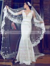 Fashion Trumpet/Mermaid Ivory Lace Elastic Woven Satin Long Sleeve V-neck Wedding Dress #PWD00021375