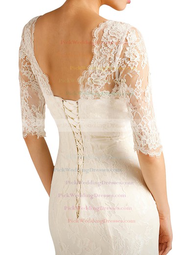 1/2 Sleeve Trumpet/Mermaid Ivory Lace with Lace-up Sweep Train Wedding Dresses #PWD00021379