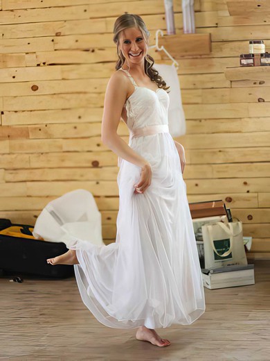 Backless White Chiffon Lace with Sashes/Ribbons Fashion Halter Wedding Dresses #PWD00021384