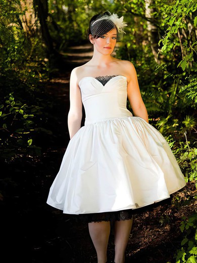 Ball Gown Strapless Ivory Lace Taffeta Covered Button Tea-length Wedding Dress #PWD00021385