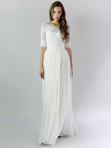 Fashion Ivory A-line Chiffon and Lace Ruffles Scoop Neck 1/2 Sleeve Wedding Dresses #PWD00021392