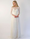 Gorgeous Ivory Lace Scoop Neck with Buttons 3/4 Sleeve Wedding Dresses #PWD00021394