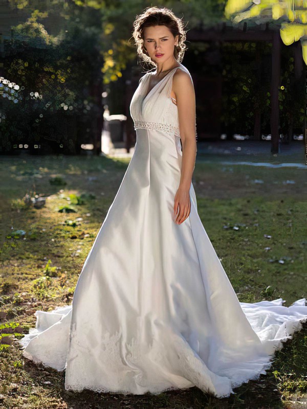 Best Ivory V-neck Satin Tulle Lace Beading with Chapel Train Wedding Dress #PWD00021397