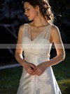 Best Ivory V-neck Satin Tulle Lace Beading with Chapel Train Wedding Dress #PWD00021397