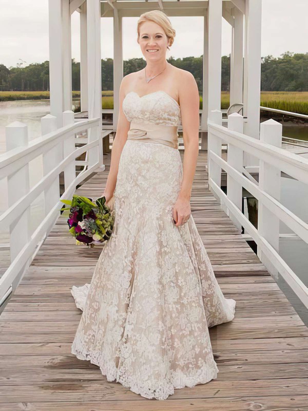 Lace Sweetheart and Sashes/Ribbons Champagne Unique Watteau Train Wedding Dresses #PWD00021403