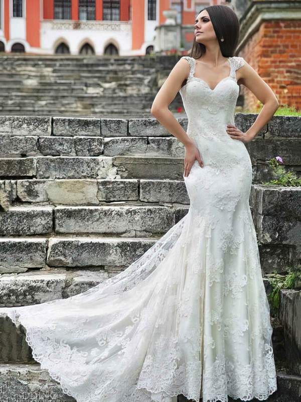 Sweetheart Straps Ivory Lace and Open Back Glamorous Trumpet/Mermaid Wedding Dresses #PWD00021406