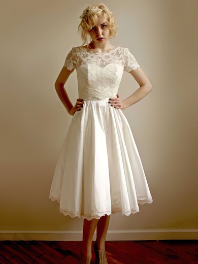 Ivory Taffeta Scoop Neck Tea-length Modest Lace Short Sleeve Wedding Dress #PWD00021407