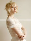 Ivory Taffeta Scoop Neck Tea-length Modest Lace Short Sleeve Wedding Dress #PWD00021407
