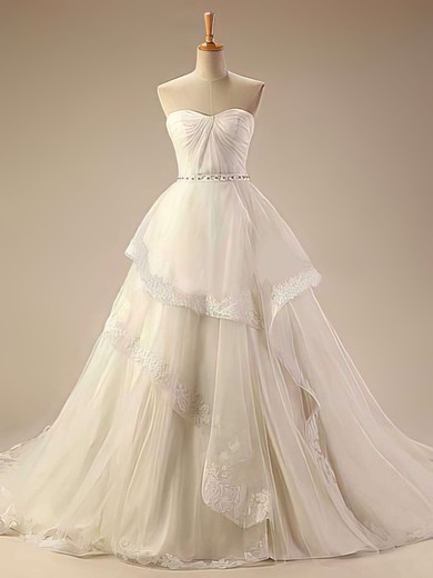Gorgeous Chapel Train Ivory Tulle Appliques Lace Sweetheart Wedding Dresses #PWD00021414