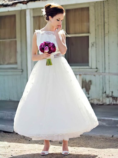 Pretty Ankle-length White Lace with Sashes/Ribbons Ball Gown Wedding Dress #PWD00021241