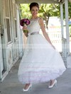 Pretty Ankle-length White Lace with Sashes/Ribbons Ball Gown Wedding Dress #PWD00021241