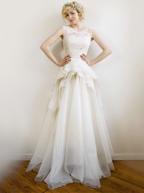 Modest Ivory Lace Organza V-neck Straps Floor-length Wedding Dresses #PWD00021254