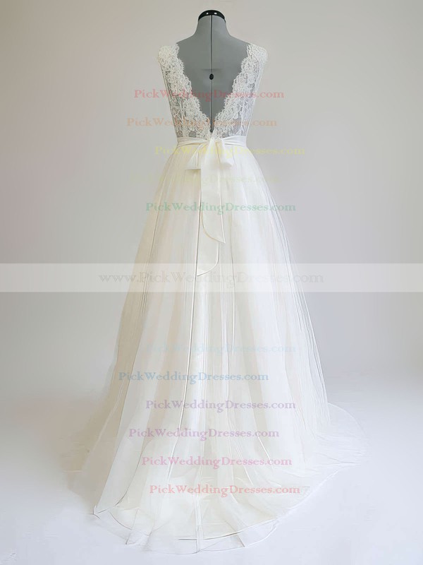 Scoop Neck Sashes / Ribbons Sweep Train Lace Tulle Wedding Dress #PWD00021269