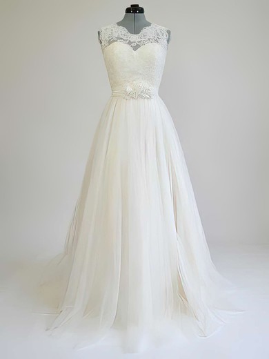 Scoop Neck Sashes / Ribbons Sweep Train Lace Tulle Wedding Dress #PWD00021269