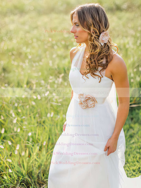 Elegant Halter White Tulle A-line Sashes / Ribbons Sweep Train Amazing Wedding Dress #PWD00021270
