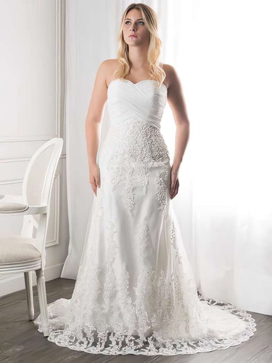 Elegant White Sweetheart Ruffles Lace Court Train Wedding Dresses #PWD00021272