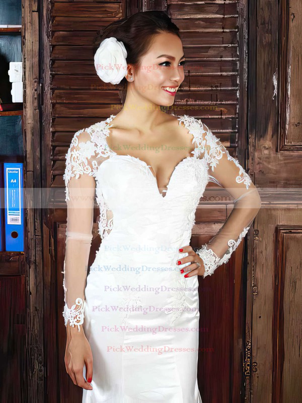 Trumpet/Mermaid White Tulle V-neck Appliques and Open Back Long Sleeve Wedding Dress #PWD00021282