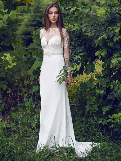 Classy Sheath/Column White Scoop Neck Chiffon Lace Long Sleeve Wedding Dresses #PWD00021297