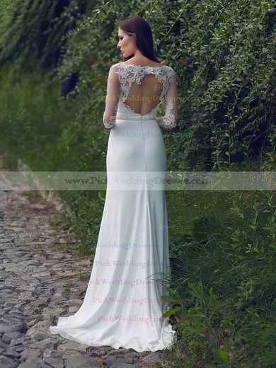 Classy Sheath/Column White Scoop Neck Chiffon Lace Long Sleeve Wedding Dresses #PWD00021297