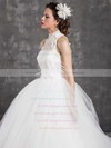 Stunning Ball Gown White Tulle Appliques and Feathers High Neck Wedding Dresses #PWD00021299