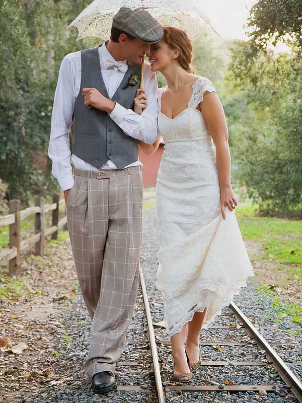 Ivory Lace with Cap Straps Sweetheart Sheath/Column Gorgeous Wedding Dress #PWD00021301