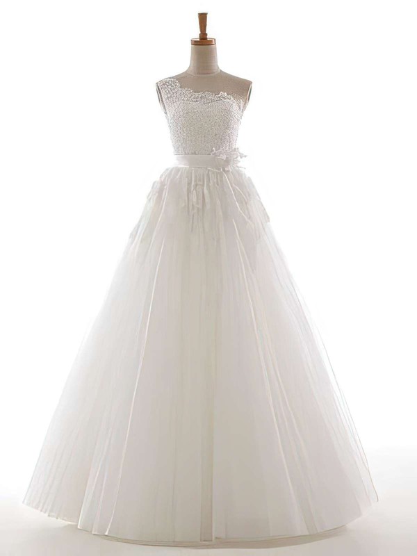 Ball Gown One Shoulder Ivory Tulle Appliques Lace and Sequins Lace-up Wedding Dress #PWD00021305