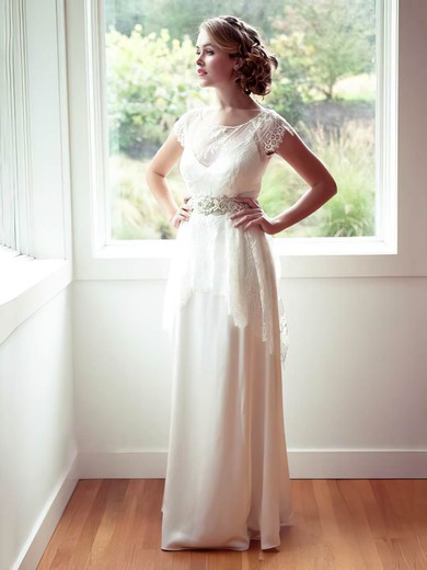 Scoop Neck Ivory Chiffon Lace with Cap Straps Nicest Wedding Dresses #PWD00021315
