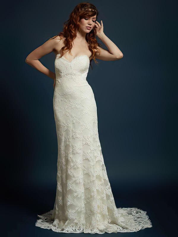 Newest Ivory Lace Sweetheart with Buttons Trumpet/Mermaid Wedding Dress #PWD00021328