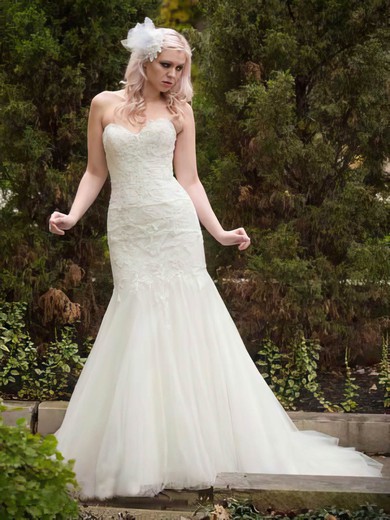 Amazing Ivory Tulle Sweetheart Appliques Lace Trumpet/Mermaid Wedding Dresses #PWD00021336