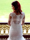 Chapel Train White Scoop Neck Lace Buttons Trumpet/Mermaid Stunning Wedding Dresses #PWD00021340