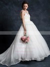Elegant Ivory Tulle V-neck Pearl Detailing Court Train Sleeveless Wedding Dress #PWD00021345