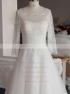 Ball Gown White Lace Tulle 3/4 Sleeve Covered Button Scoop Neck Wedding Dress #PWD00021346