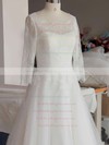 Ball Gown White Lace Tulle 3/4 Sleeve Covered Button Scoop Neck Wedding Dress #PWD00021346