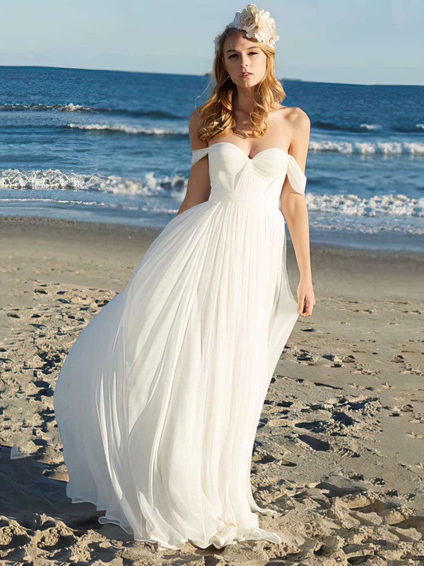A-line Floor-length Chiffon Ruffles Off-the-shoulder Wedding Dresses #PWD00021352