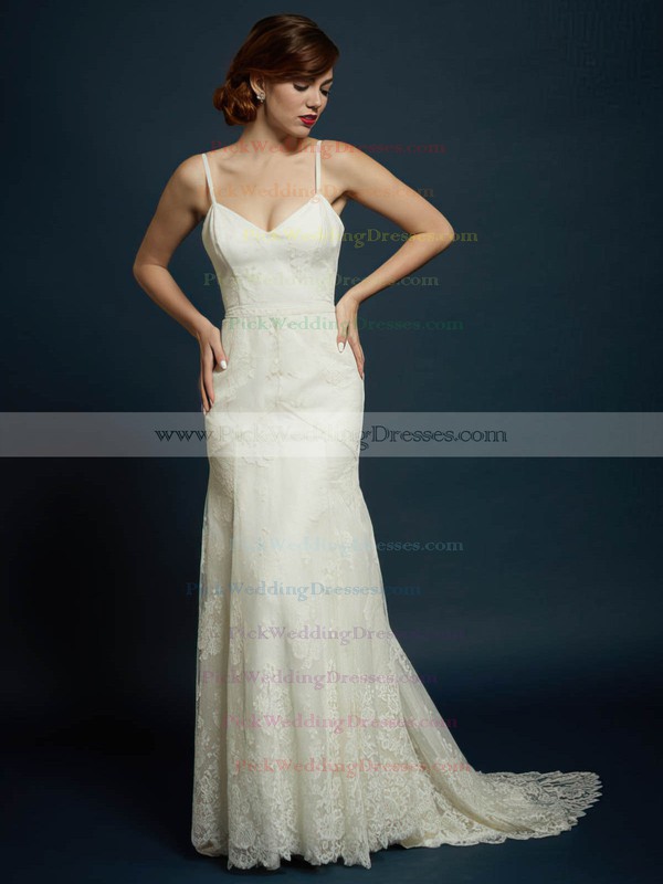 Sweetheart with Spaghetti Straps Backless Ivory Trumpet/Mermaid Lace Wedding Dress #PWD00021353