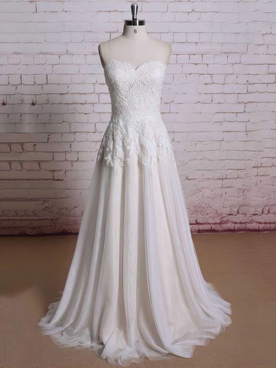 Classy Ivory Lace Chiffon Sweetheart Flower(s) Zipper Ball Gown Wedding Dresses #PWD00021354